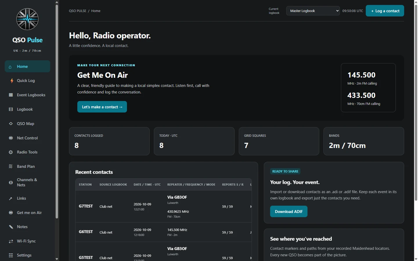 QSO Pulse Windows home screen with recent contacts and logging tools