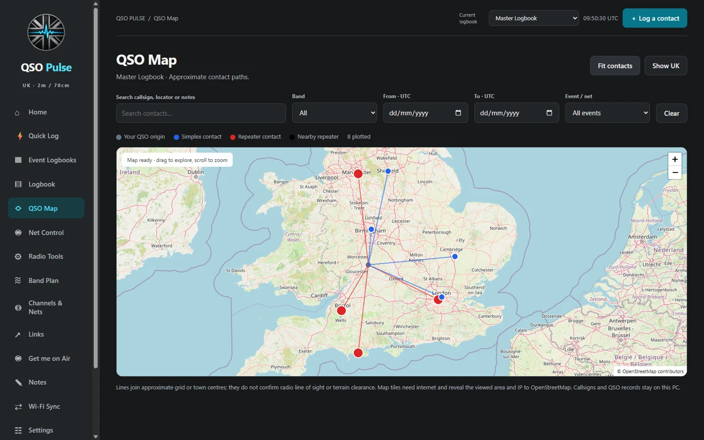 QSO map showing approximate contact paths