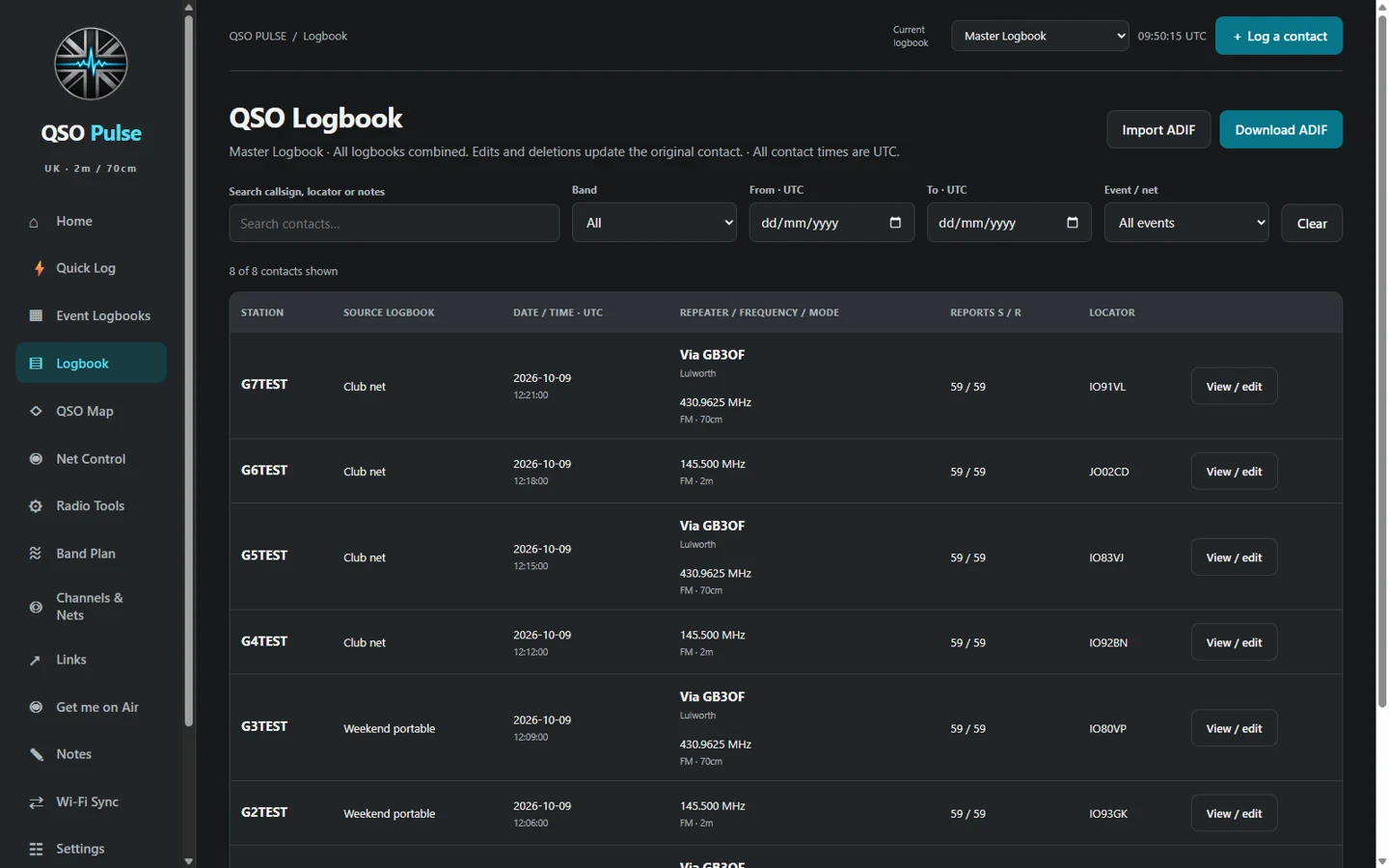 Windows Master Logbook displaying contacts from different event logbooks
