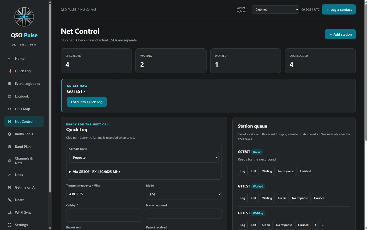 Windows Net Control screen for managing stations